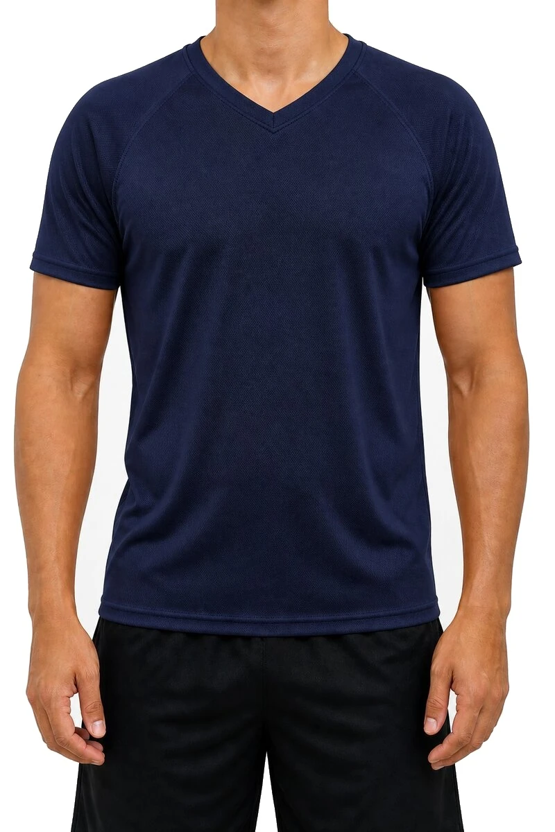 Camiseta DryFit Ojo de Ángel Cuello V, modelo, color Azul Marino